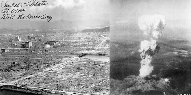 Atompilz der Atombombe »Little Boy« über Hiroshima und die zerstörte Stadt, in der von 76.000 Häusern 70.000 praktisch pulverisiert wurden - inklusive allem, was da Leben in sich trug.