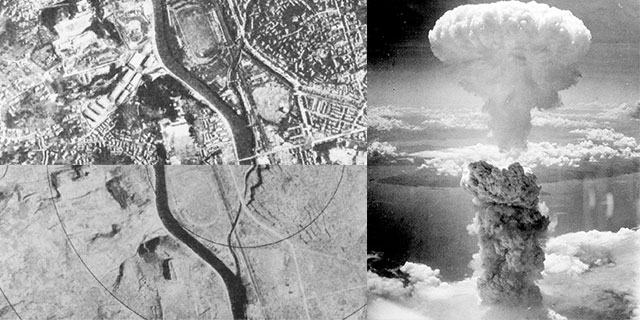 Atompilz der Atombombe »Fat Man« über Nagasaki. Links oben ein Luftbild des Abwurfzentrums vor dem Abwurf, links unten der selbe Ausschnitt nach dem Abwurf. - Die Stadt und alles, was da Leben in sich trug, sind ausradiert