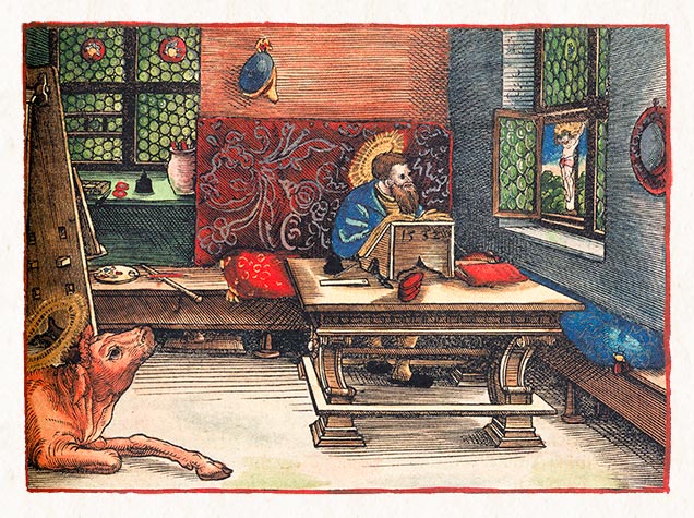 Kolorierter Holzschnitt aus der Lutherbibel von 1534, Titelbild zur Apostelgeschichte des Lukas