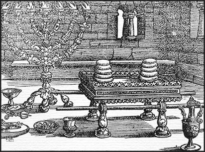 Holzschnitt, Bild zum II. Buch Mose, Kapitel 25: Der Leuch­ter und der Tisch mit den Schaubroten für die Stiftshütte.