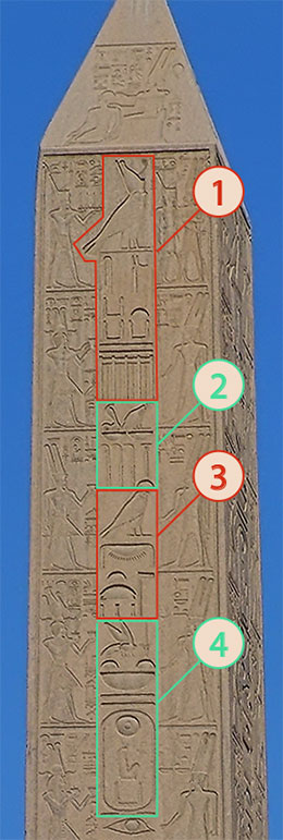 Obelisk mit der Titulatur der Maat-ka-Ra Hatschepsut: Horus-Name, Herrinnen-Name, Gold-Horus-Name und Thronname | Karnak, Ägypten, Tempelbezirk | Foto: ©by Sabrina | Reiner | CC BY-SA