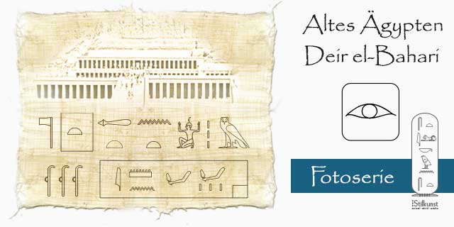Titelbild Deir el-Bahari mit dem ägyptischen Namen der Tempelanlage in Hieroglyphen