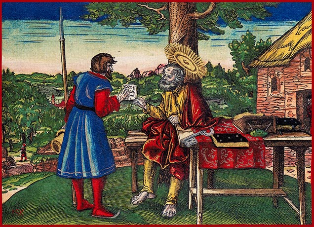 Kolorierter Holzschnitt aus der Lutherbibel von 1534, Titelbild zum ersten Brief des Petrus