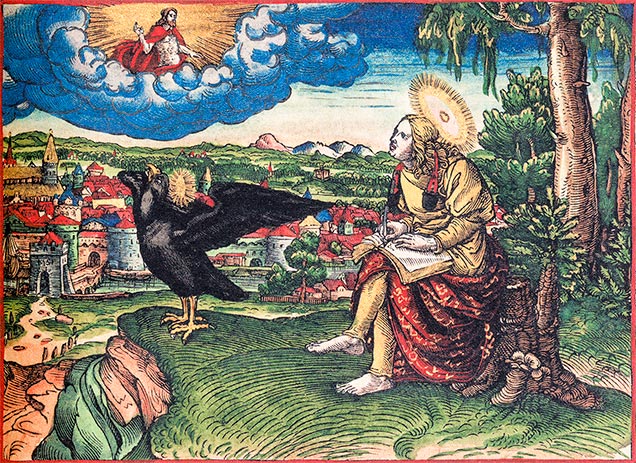 Kolorierter Holzschnitt aus der Lutherbibel von 1534, Titelbild Evangelium des Johannes