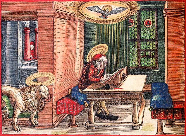 Kolorierter Holzschnitt aus der Lutherbibel von 1534, Titelbild zum Evangelium nach Markus