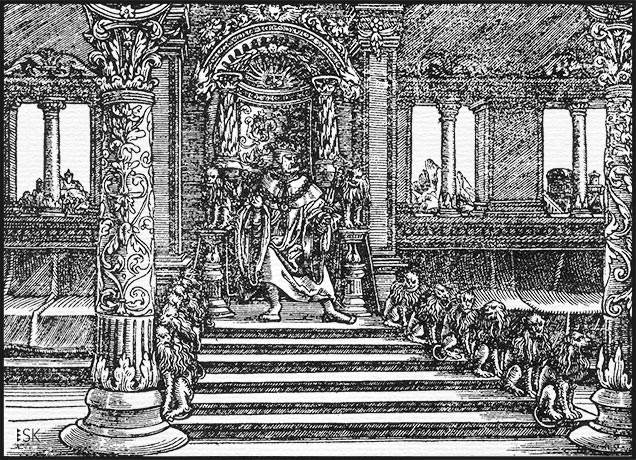 Holzschnitt, Bild zum 1. Buch der Könige, Kapitel 10, Salomos Thron