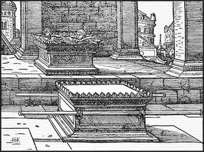 Holzschnitt, Bild zum II. Buch Mose, Kapitel 25: Die Bundeslade und der Deckel mit den Cherubim für die Stiftshütte.