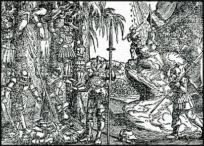 Holzschnitt, Bild zu: Das Buch Josua, Kapitel 10, Josuas Sieg über fünf Könige