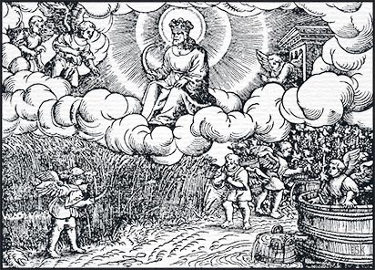 Holzschnitt, Bild T aus der Offenbarung des Johannes: Die Vision der Ernte und Weinlese