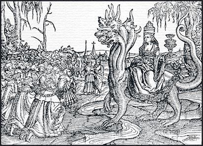 Holzschnitt, Bild X aus der Offenbarung des Johannes: Die Vision der Frau auf dem siebenköpfigen Tier