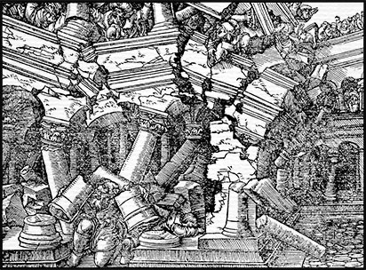 Holzschnitt, Bild zum Buch der Richter, Kapitel 16: Simsons Rache und Tod
