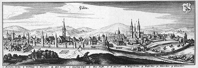 Stadtansicht von Fulda, Stich von Matthäus Merian, 1655
