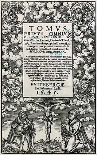 Die Evangelistensymbole auf dem Titelbild von Luthers Schrift Omnia Opera.