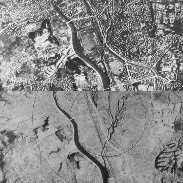 Luftbilder des Abwurfzentrums der Atombombe »Fat Man« in Nagasaki.