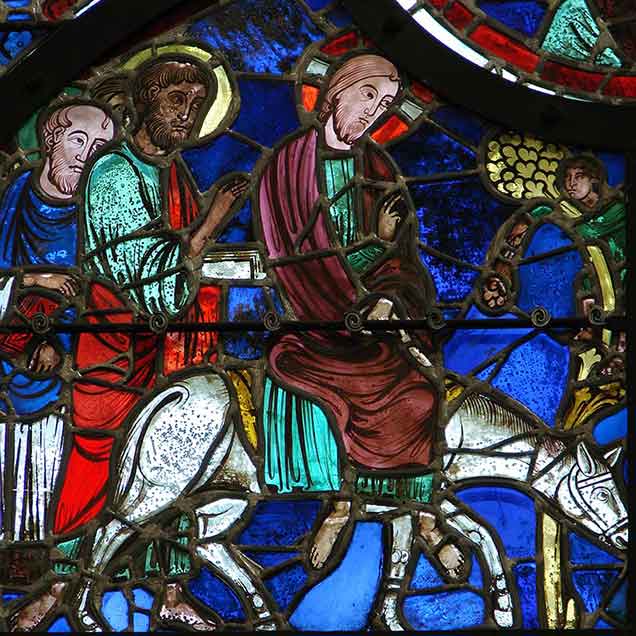 Palmsonntag | Jesus zieht auf dem Esel in Jerusalem ein | Glasfenster in der Kathedrale Notre-Dame | Foto: Vassil (Wikimedia Commons) | Public Domain