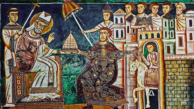 Konstantinische Schenkung. Kaiser Konstantin I. überreicht Papst Silvester I. das Phrygium und die Stadt Rom. | Foto: © Peter1936F | Wikimedia.org | Lizenz: CC BY-SA