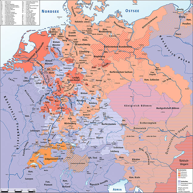 Karte der Konfessionen in Mitteleuropa, 1618, Autor: User Ziegelbrenner, Wikimedia Commons, Lizenz CC BY-SA